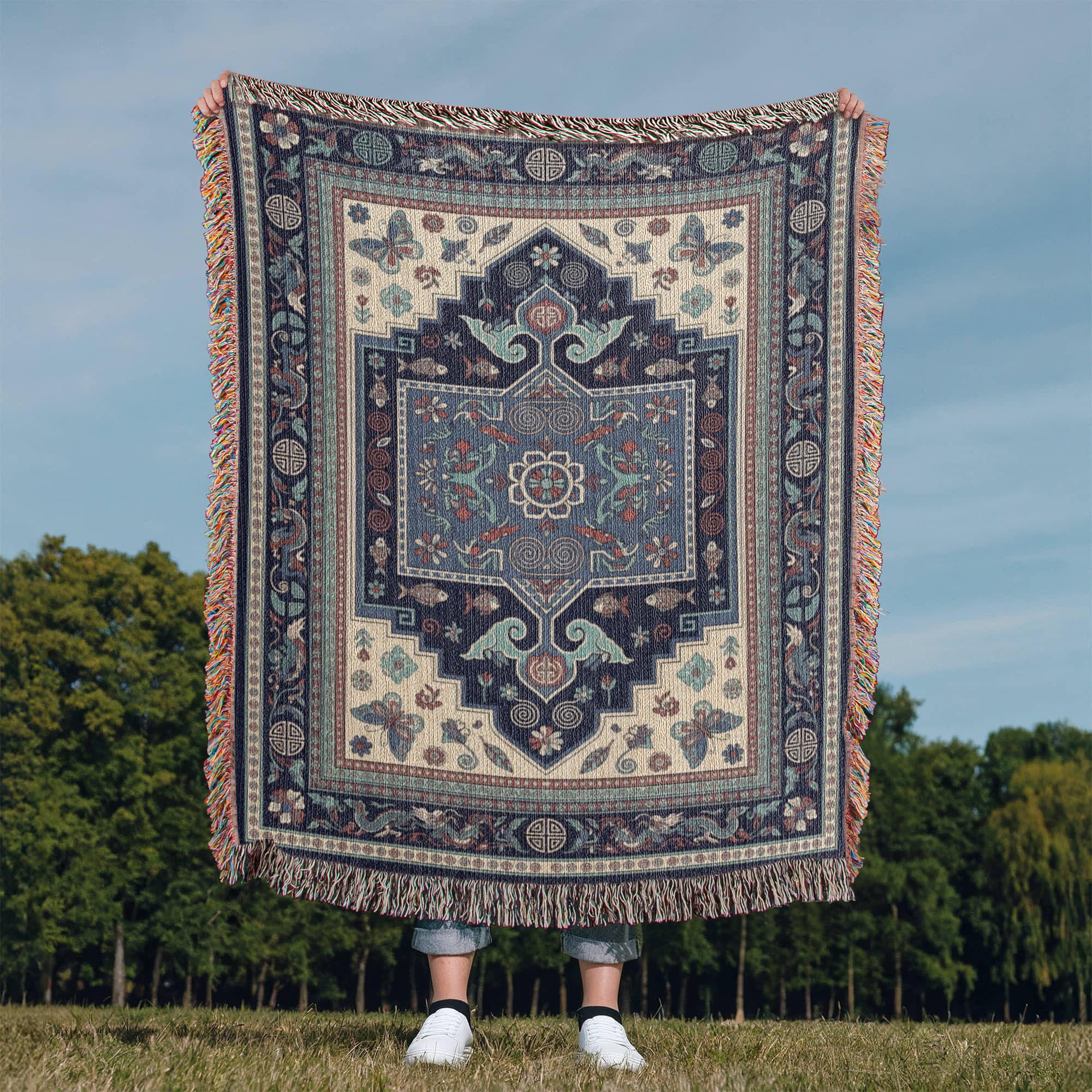 Hmong Indigo Blue Miao Folk Art Woven Cotton Blanket - Image 7