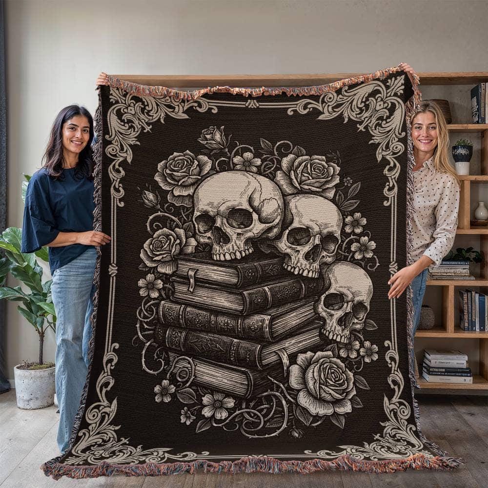 Skull and Books Botanical Gothic Victorian Woven Cotton Blanket - Image 2