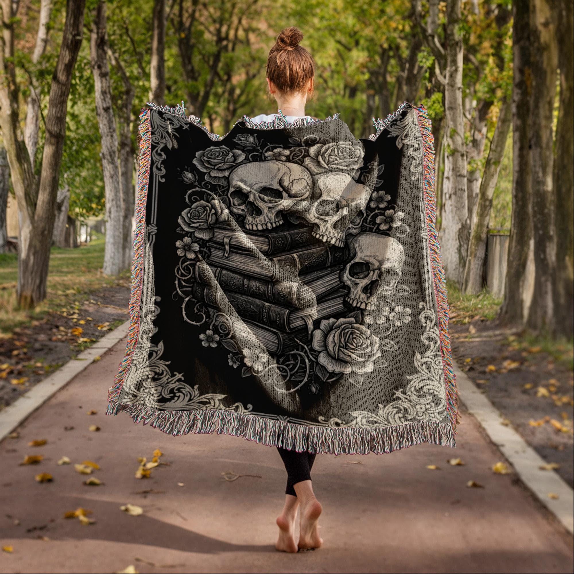 Skull and Books Botanical Gothic Victorian Woven Cotton Blanket - Image 4