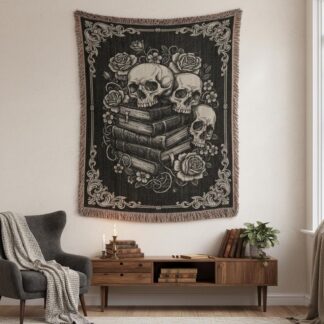 Skull and Books Botanical Gothic Victorian Woven Cotton Blanket