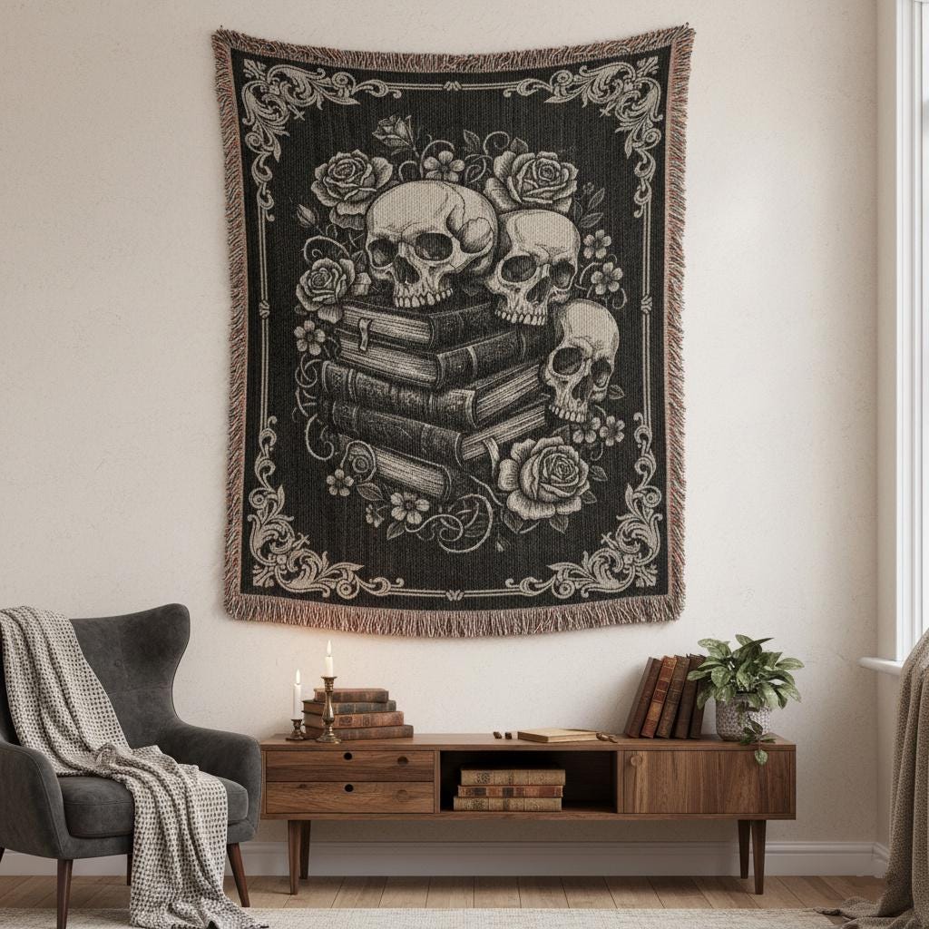 Skull and Books Botanical Gothic Victorian Woven Cotton Blanket