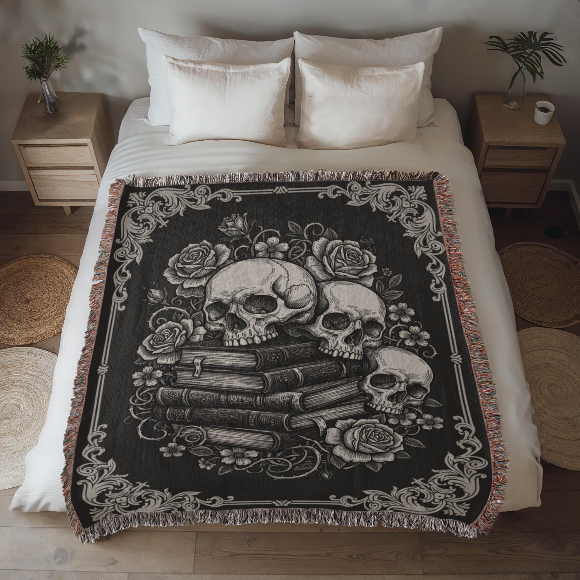 Skull and Books Botanical Gothic Victorian Woven Cotton Blanket - Image 3