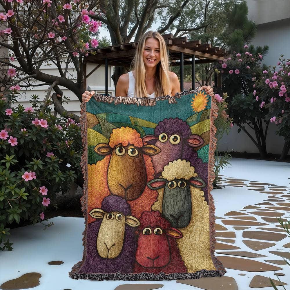 Funny Sheep Colorful Sheep Woven Cotton Blanket - Image 2