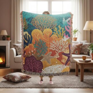 Coral Reef Ocean Life Illustration Woven Cotton Blanket