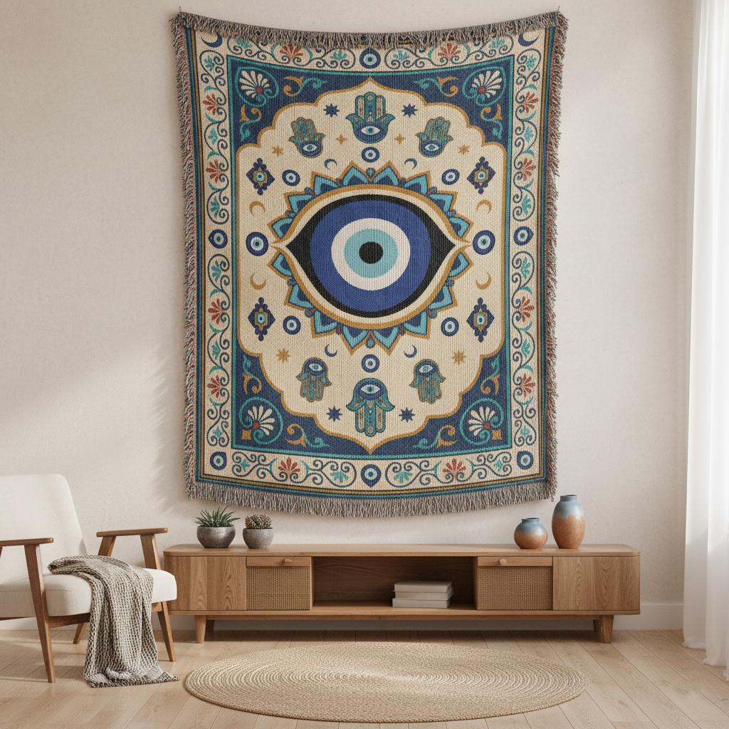 Evil Eye Hamsa Hand Protection Woven Cotton Blanket