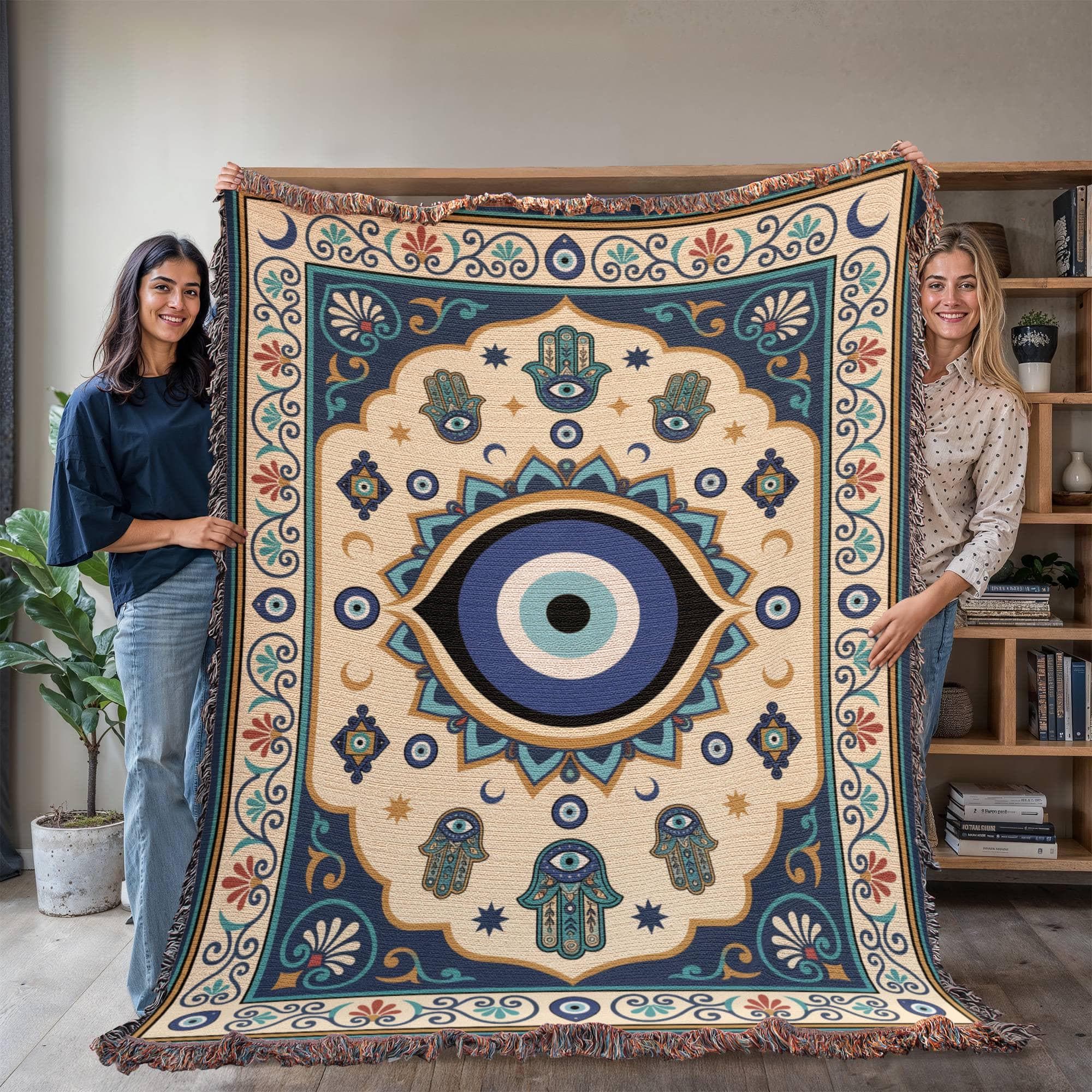 Evil Eye Hamsa Hand Protection Woven Cotton Blanket - Image 2