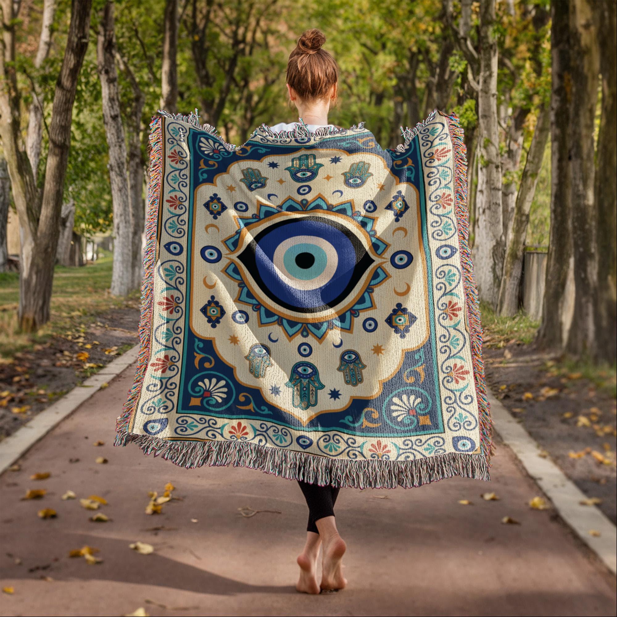 Evil Eye Hamsa Hand Protection Woven Cotton Blanket - Image 5