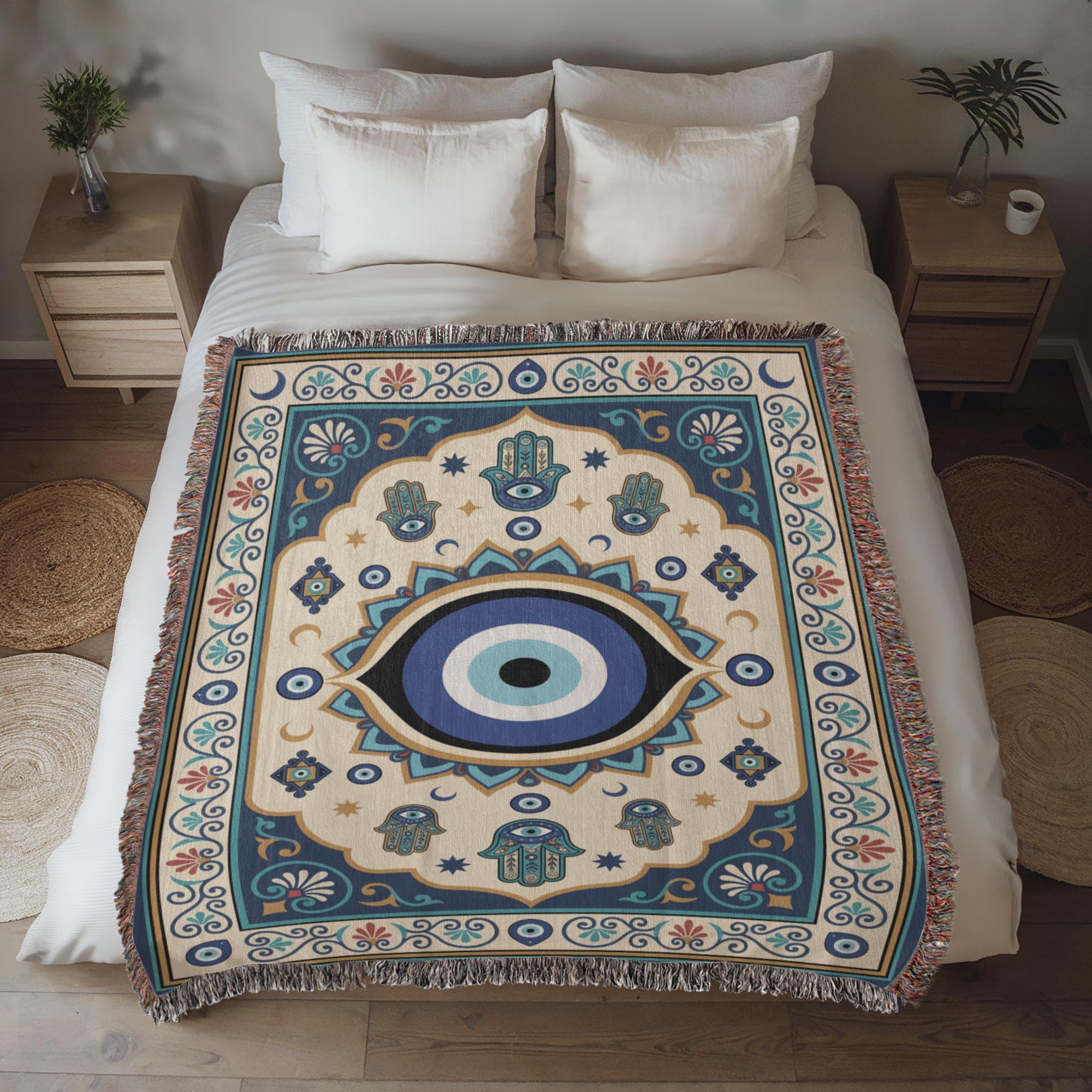 Evil Eye Hamsa Hand Protection Woven Cotton Blanket - Image 4