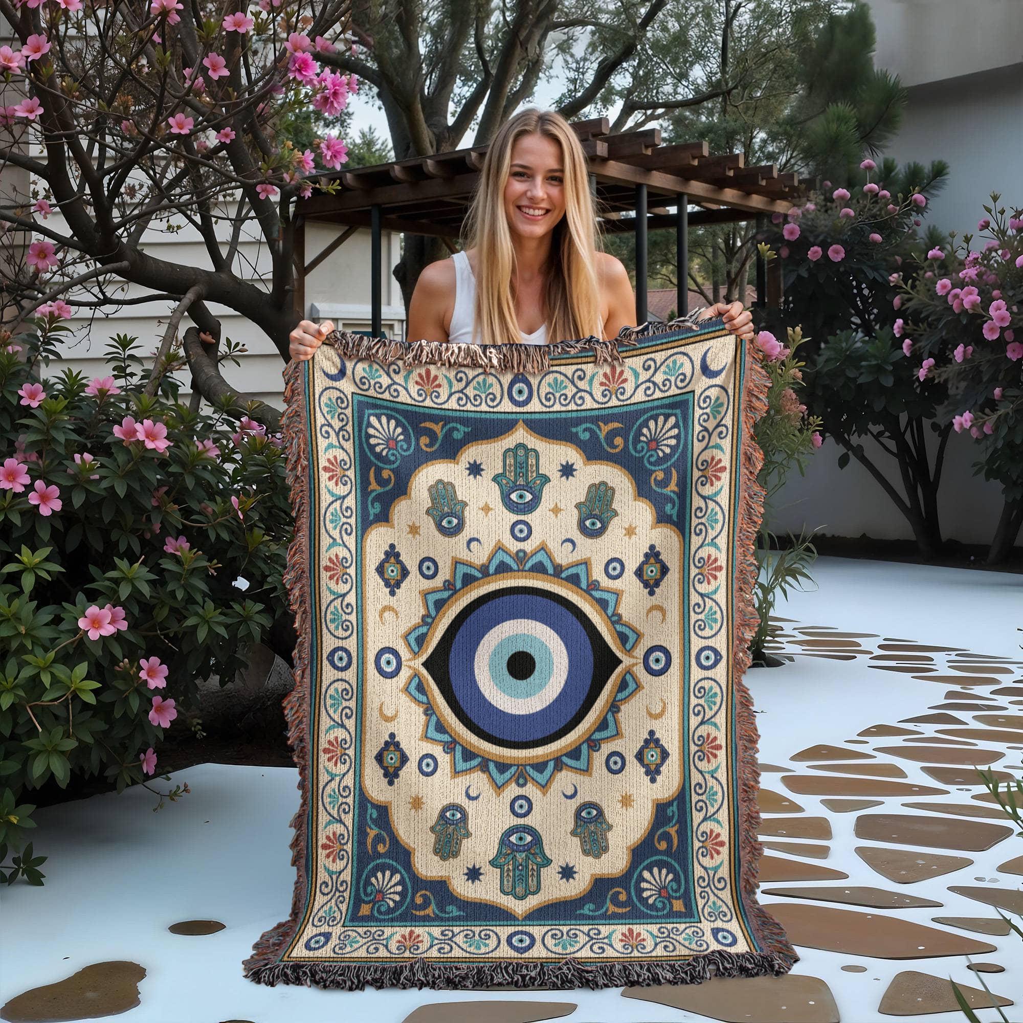 Evil Eye Hamsa Hand Protection Woven Cotton Blanket - Image 6