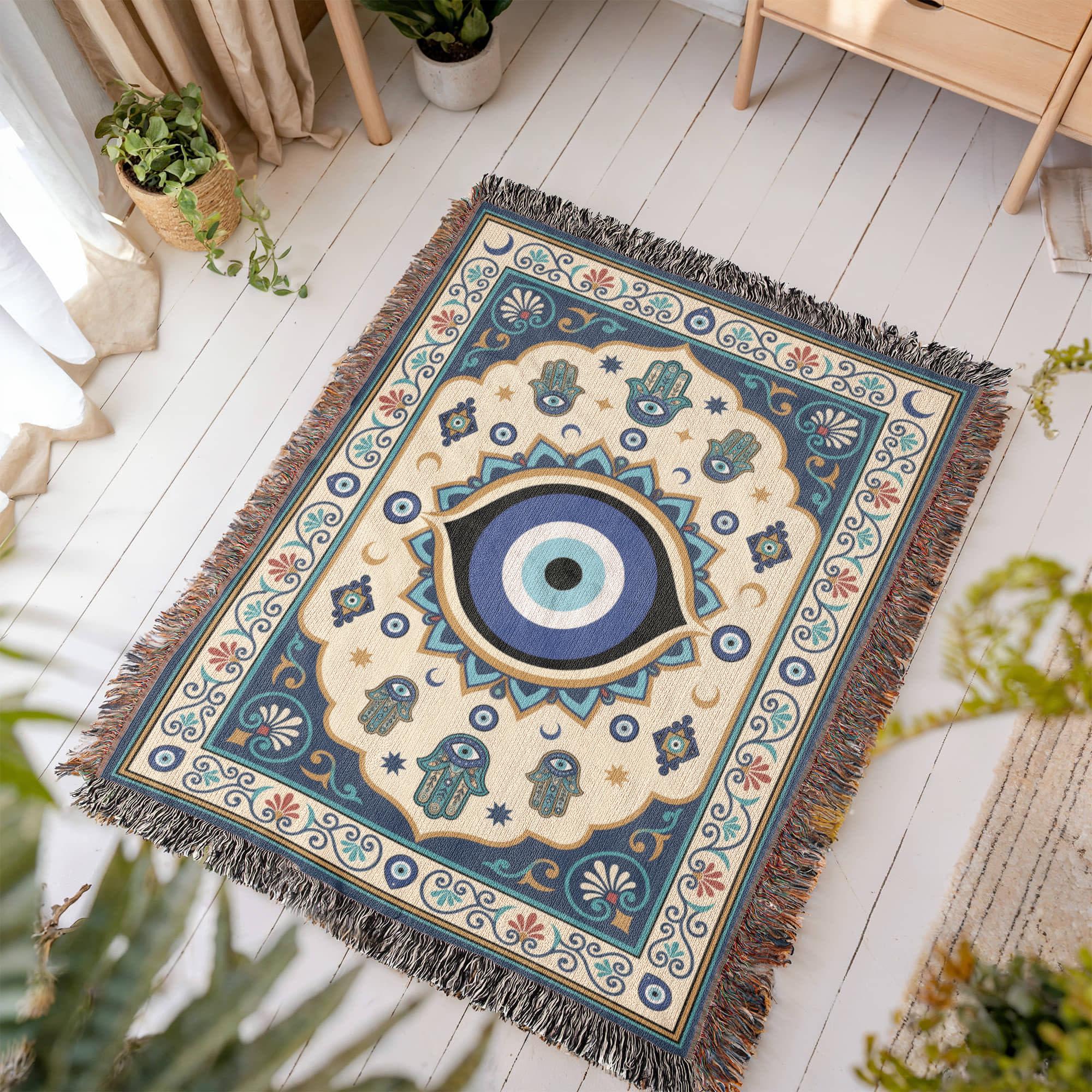 Evil Eye Hamsa Hand Protection Woven Cotton Blanket - Image 7