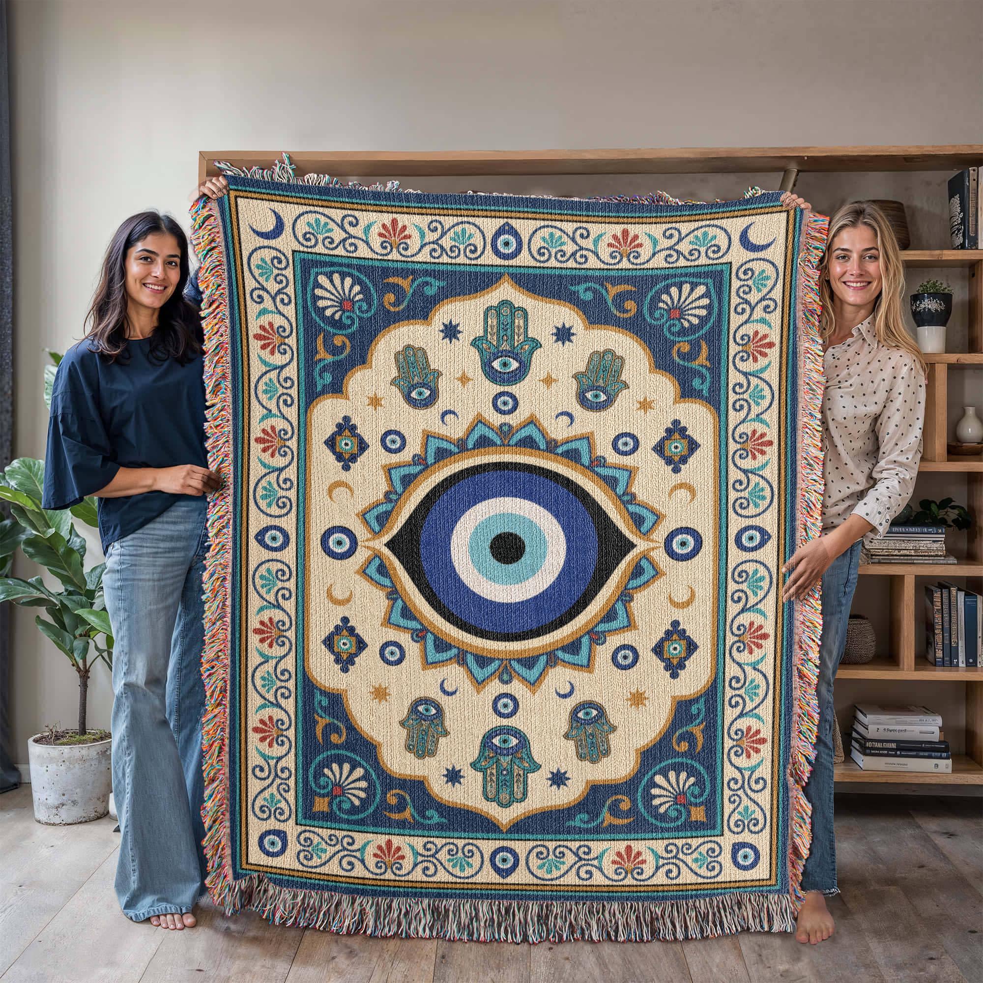 Evil Eye Hamsa Hand Protection Woven Cotton Blanket - Image 9