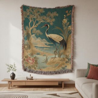 Chinoiserie Oriental Crane Landscape Woven Cotton Blanket