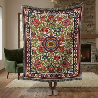 Mexican Floral Colorful Folk Art Woven Cotton Blanket