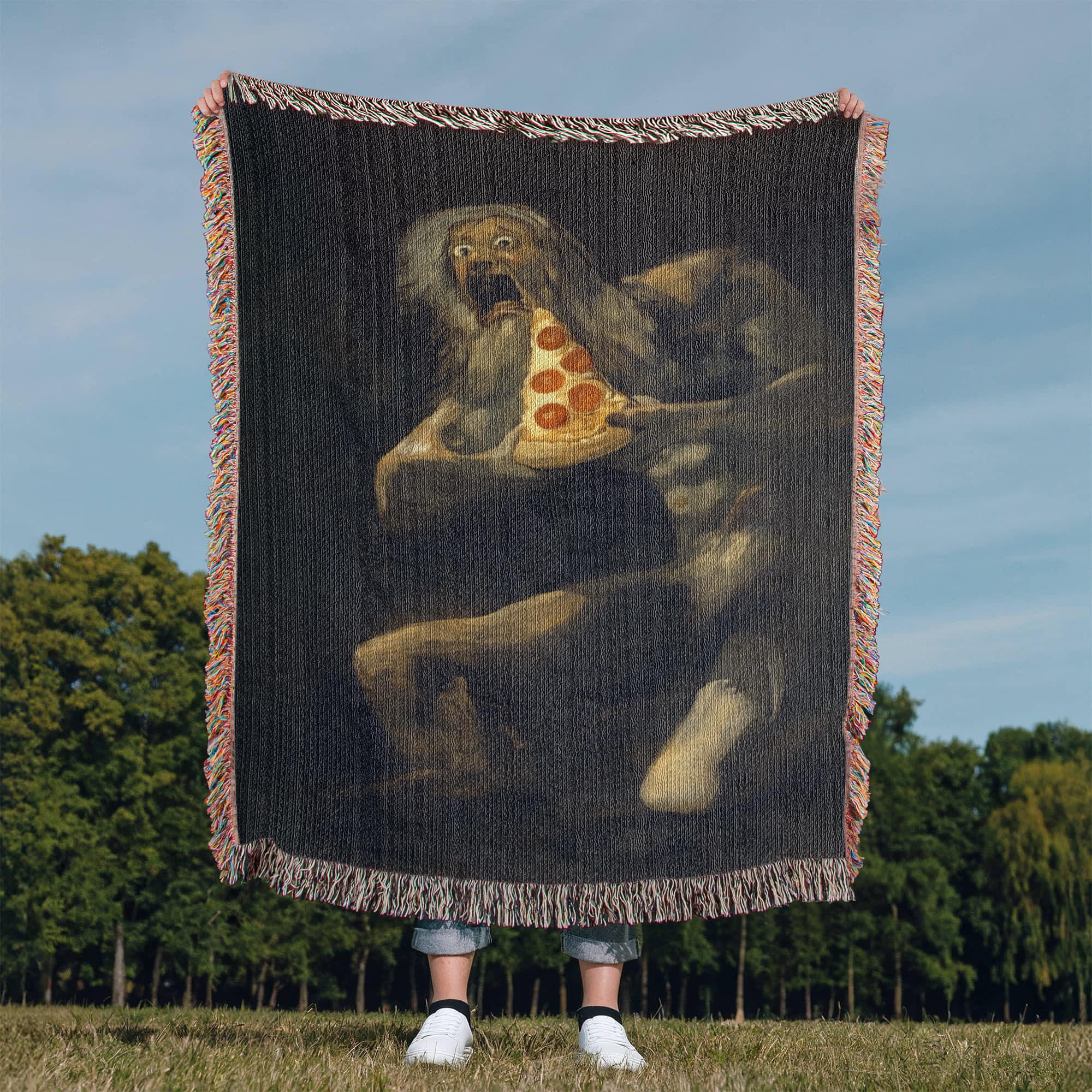 Saturn Devouring Pizza Funny Art Woven Cotton Blanket - Image 8