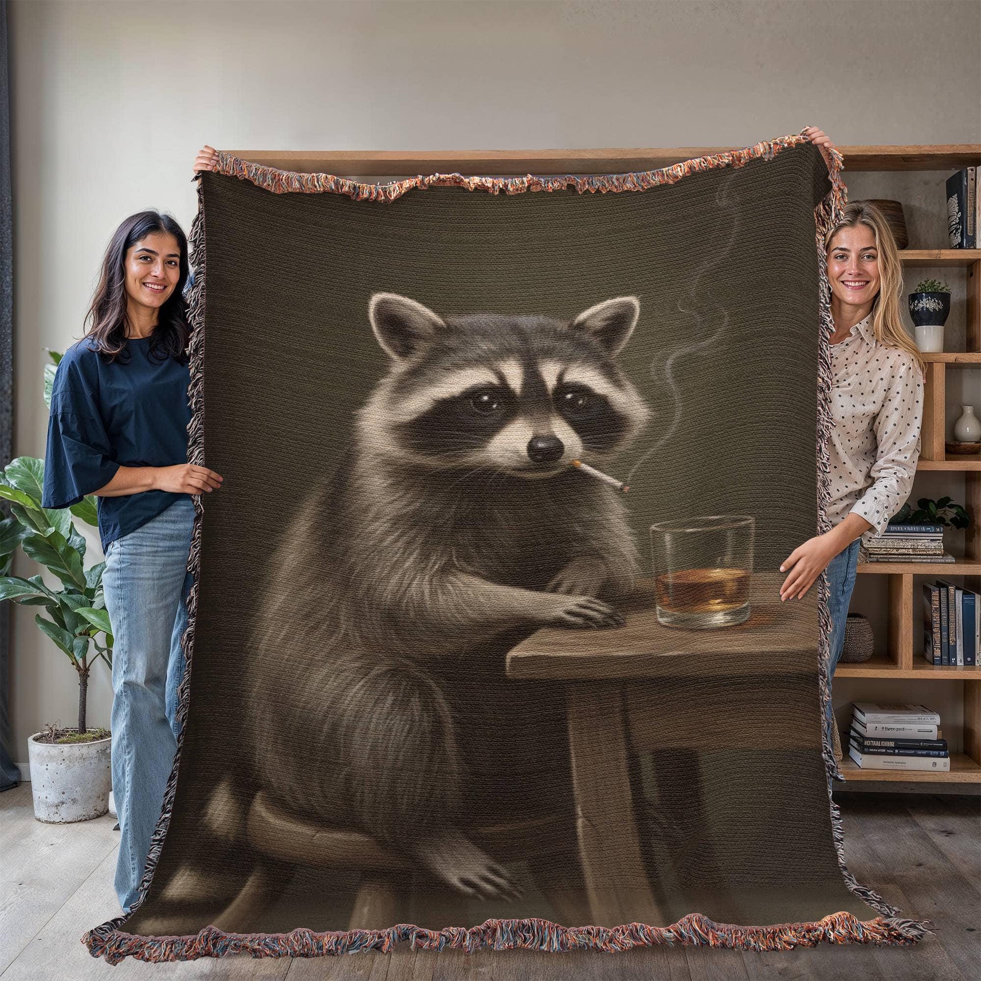 Funny Raccoon Drinking Trash Panda Woven Cotton Blanket - Image 3