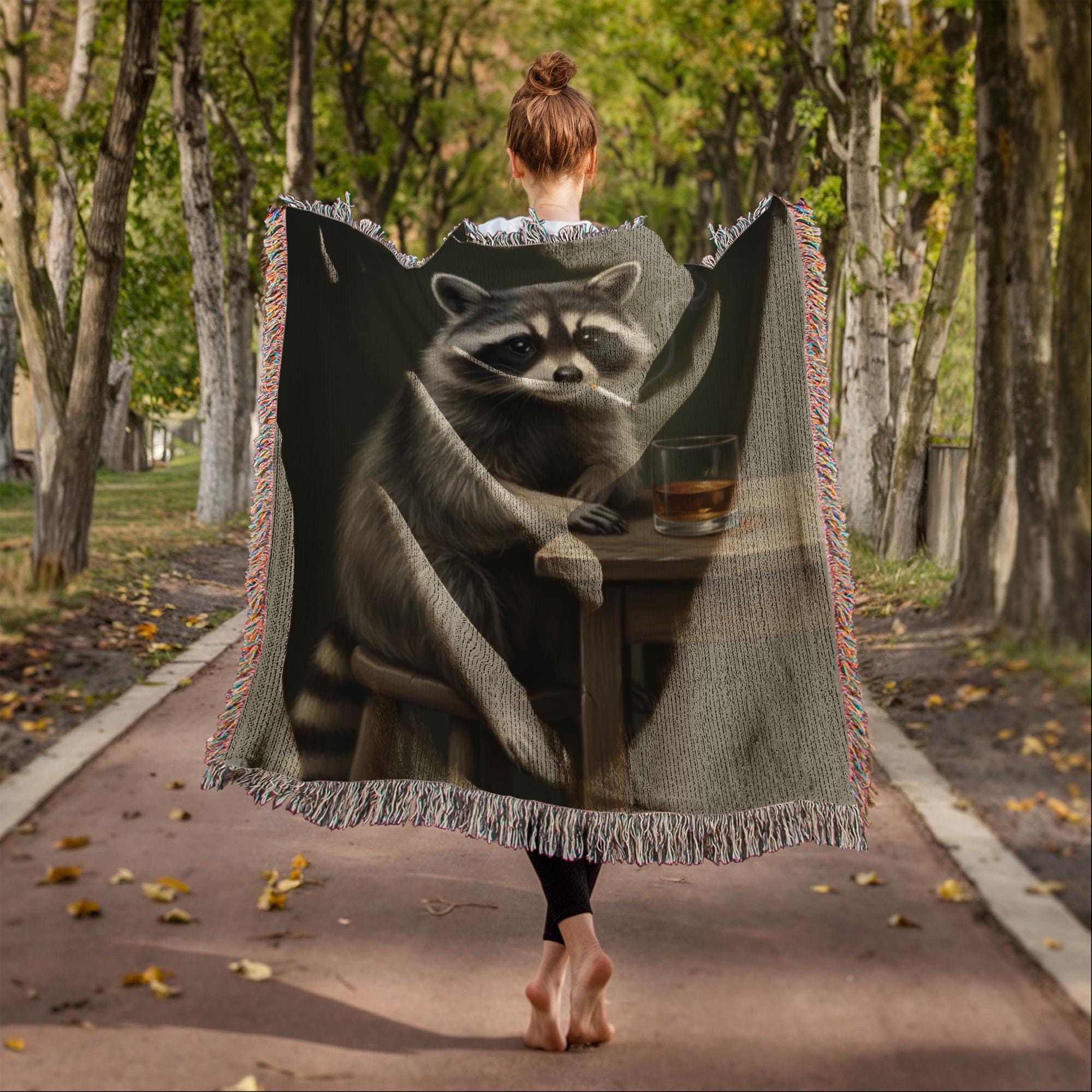 Funny Raccoon Drinking Trash Panda Woven Cotton Blanket - Image 5