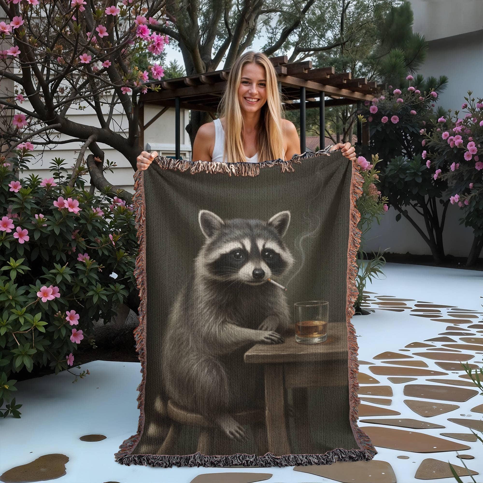 Funny Raccoon Drinking Trash Panda Woven Cotton Blanket - Image 6