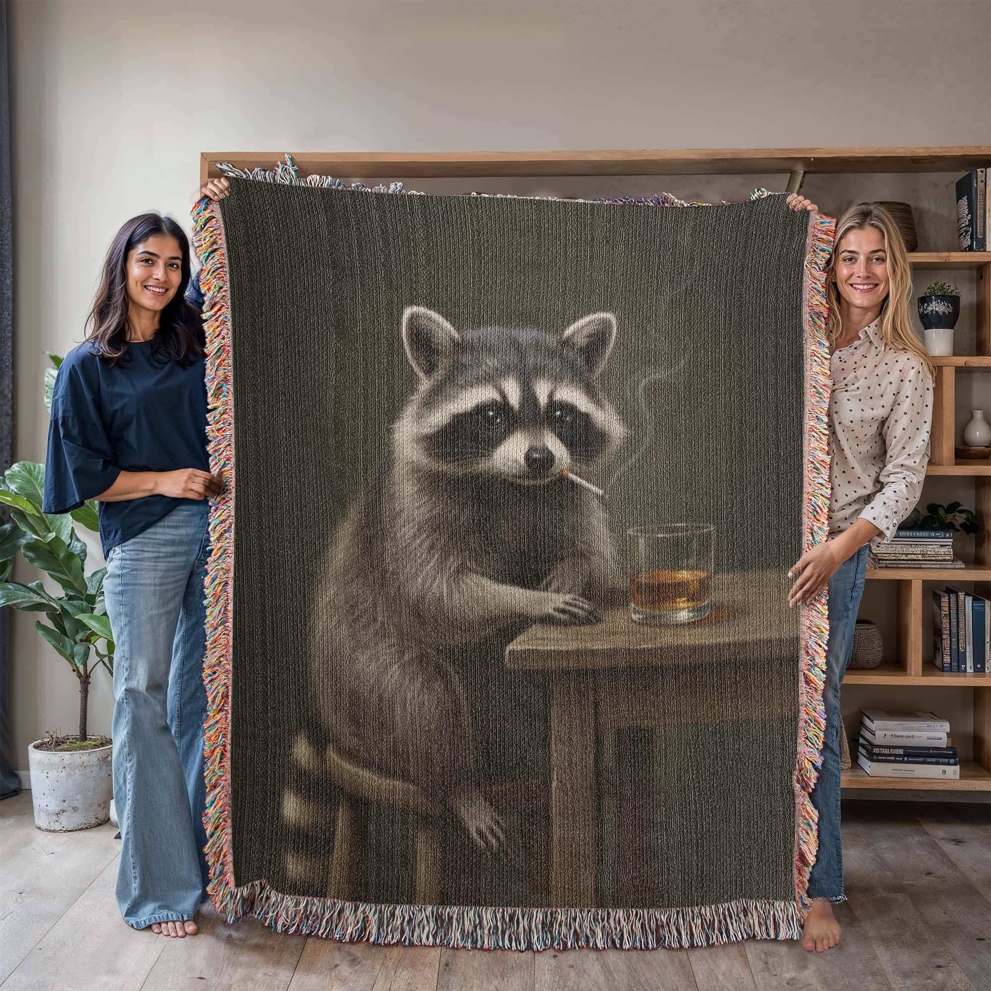 Funny Raccoon Drinking Trash Panda Woven Cotton Blanket - Image 9