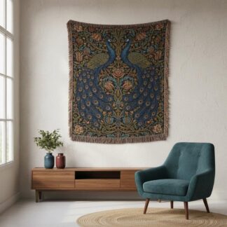 Regal Peacock Art Nouveau Botanical Woven Cotton Blanket