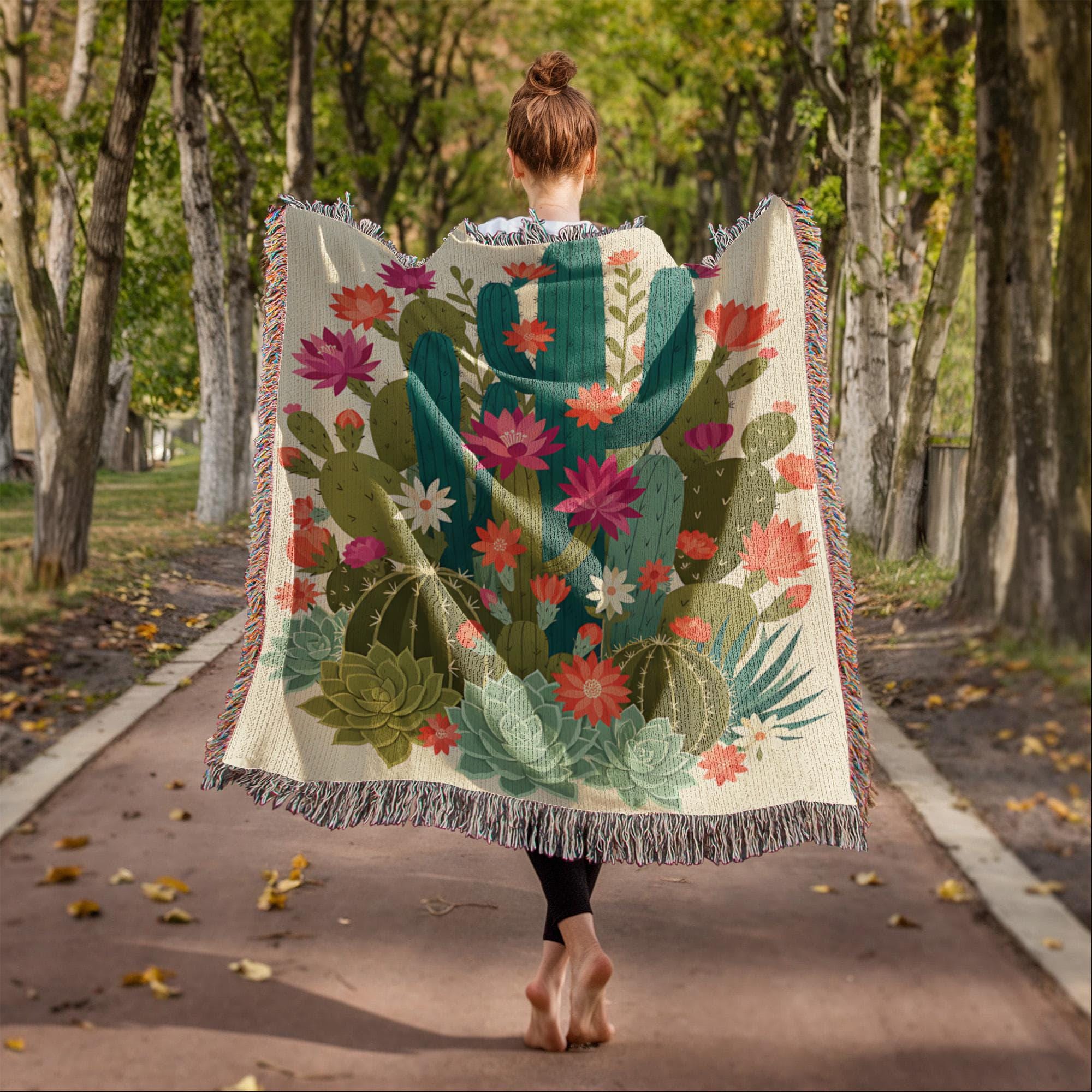 Vintage Mexican Cactus Colourful Latin Woven Cotton Blanket - Image 6