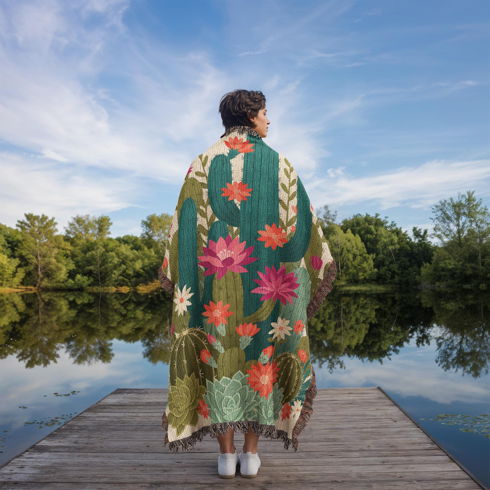 Vintage Mexican Cactus Colourful Latin Woven Cotton Blanket - Image 5