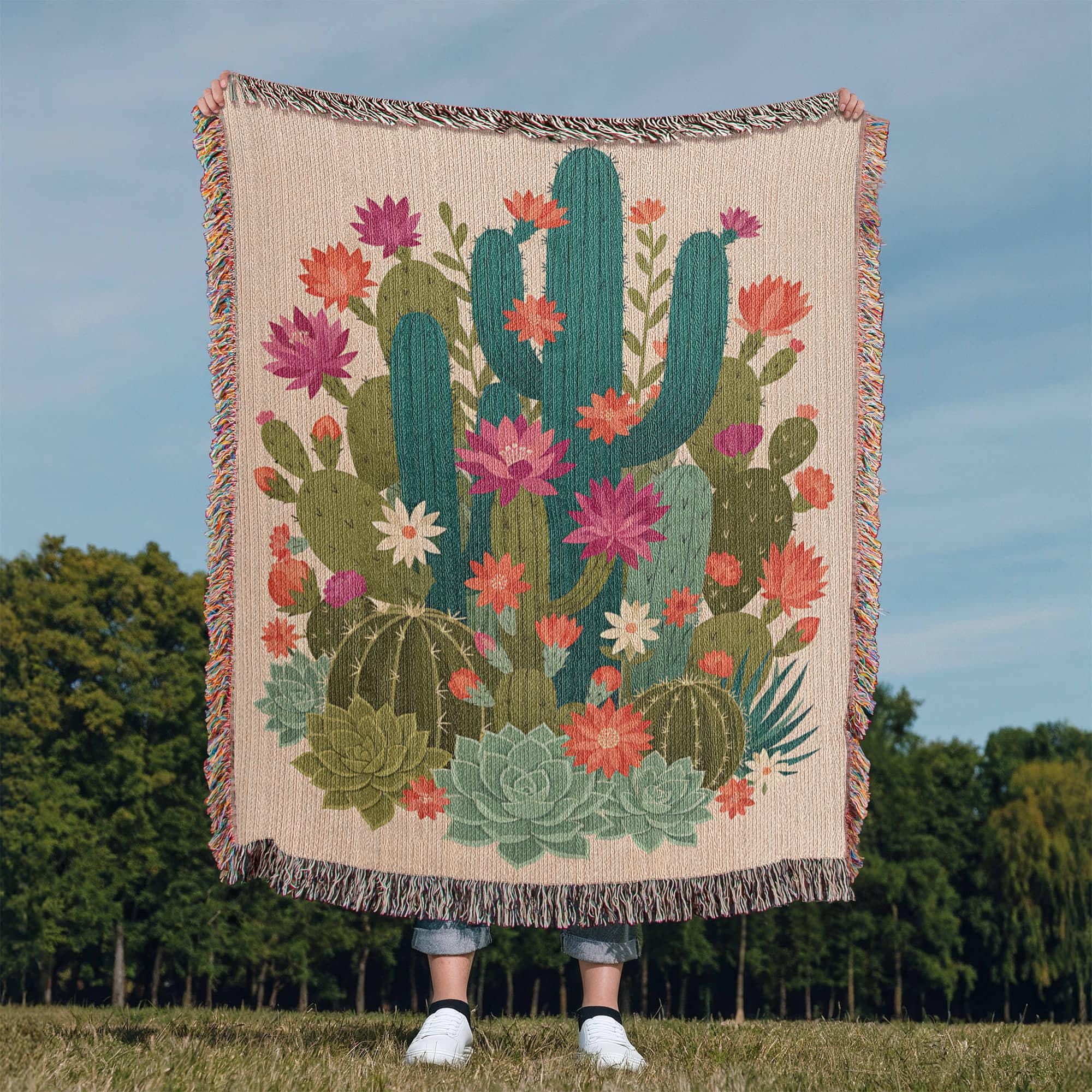 Vintage Mexican Cactus Colourful Latin Woven Cotton Blanket - Image 9