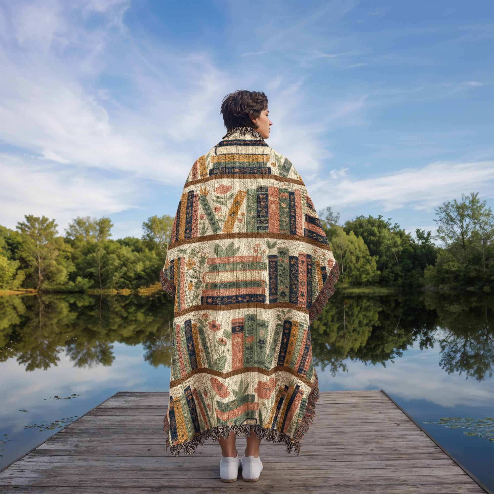 Vintage Bookshelf Floral Library Woven Cotton Blanket - Image 6