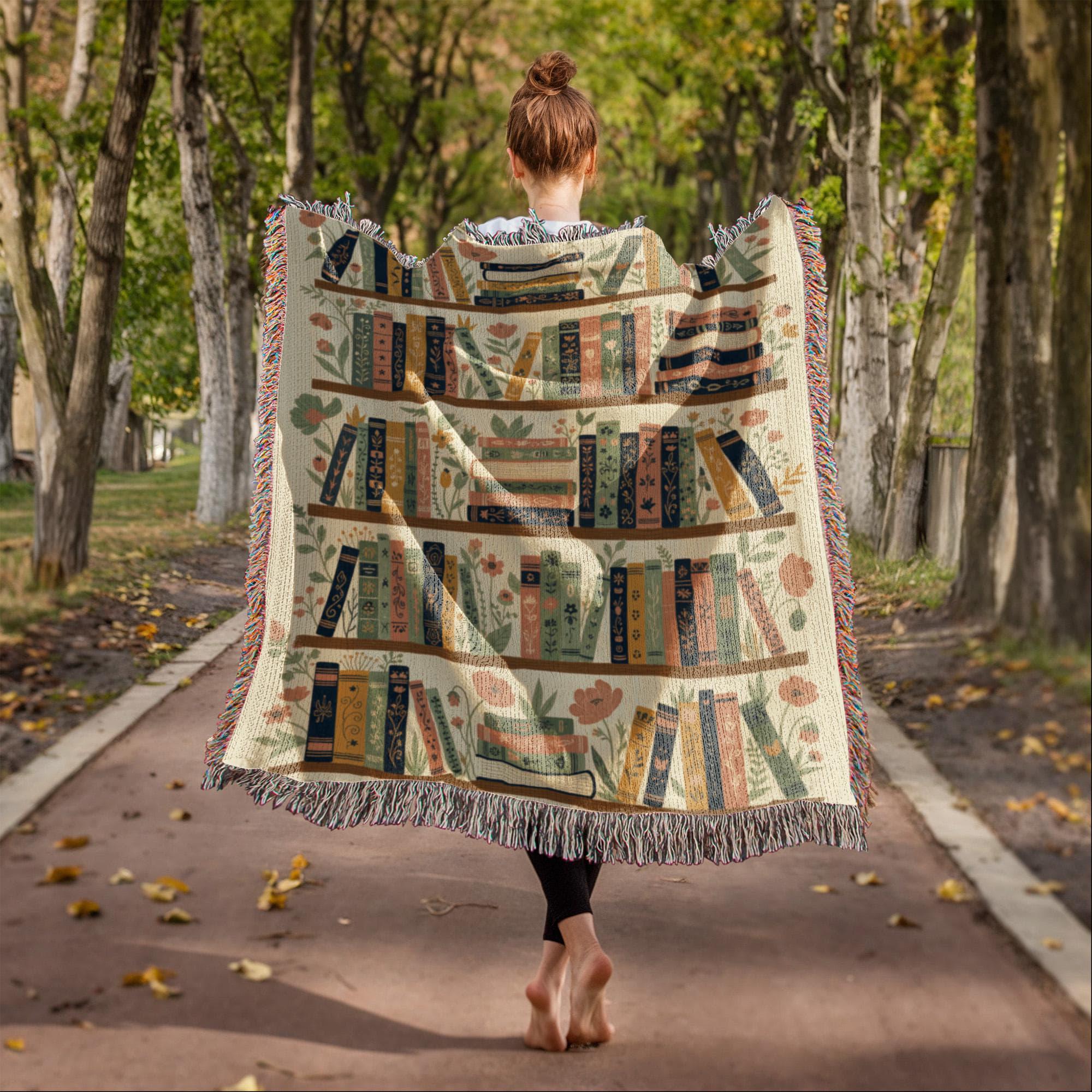Vintage Bookshelf Floral Library Woven Cotton Blanket - Image 3