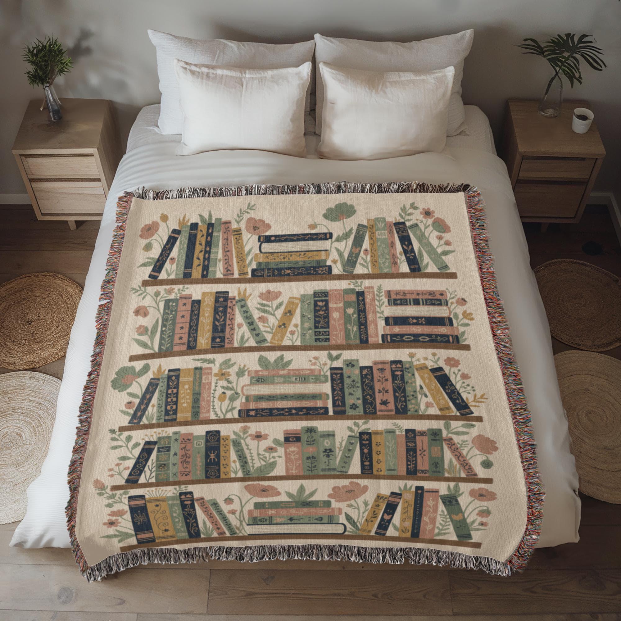 Vintage Bookshelf Floral Library Woven Cotton Blanket - Image 4