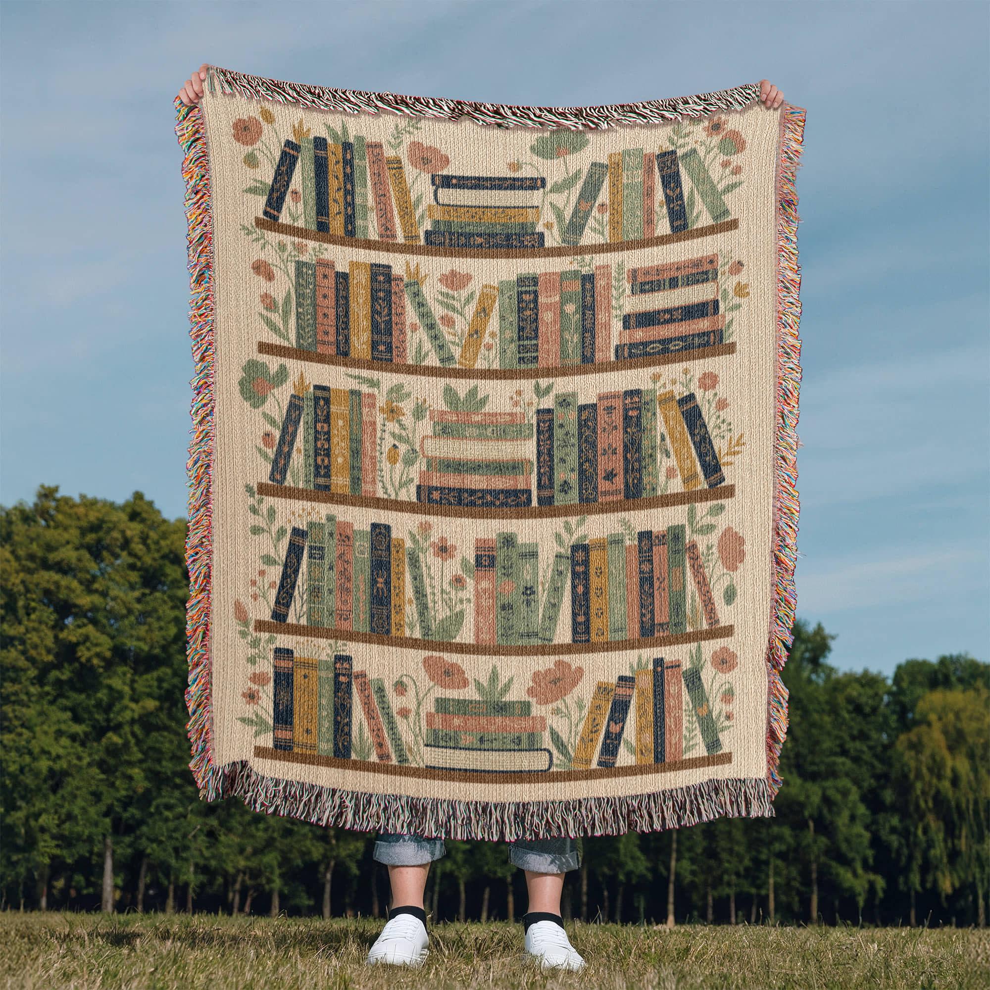 Vintage Bookshelf Floral Library Woven Cotton Blanket - Image 9