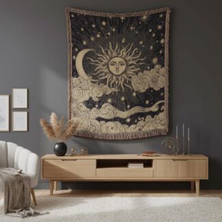 Vintage Celestial Sun and Moon Mystic Astrology Woven Cotton Blanket