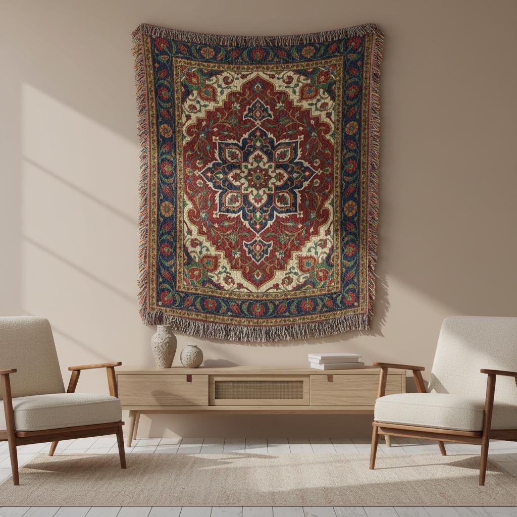 Turkish Persian Rug Pattern Woven Cotton Blanket