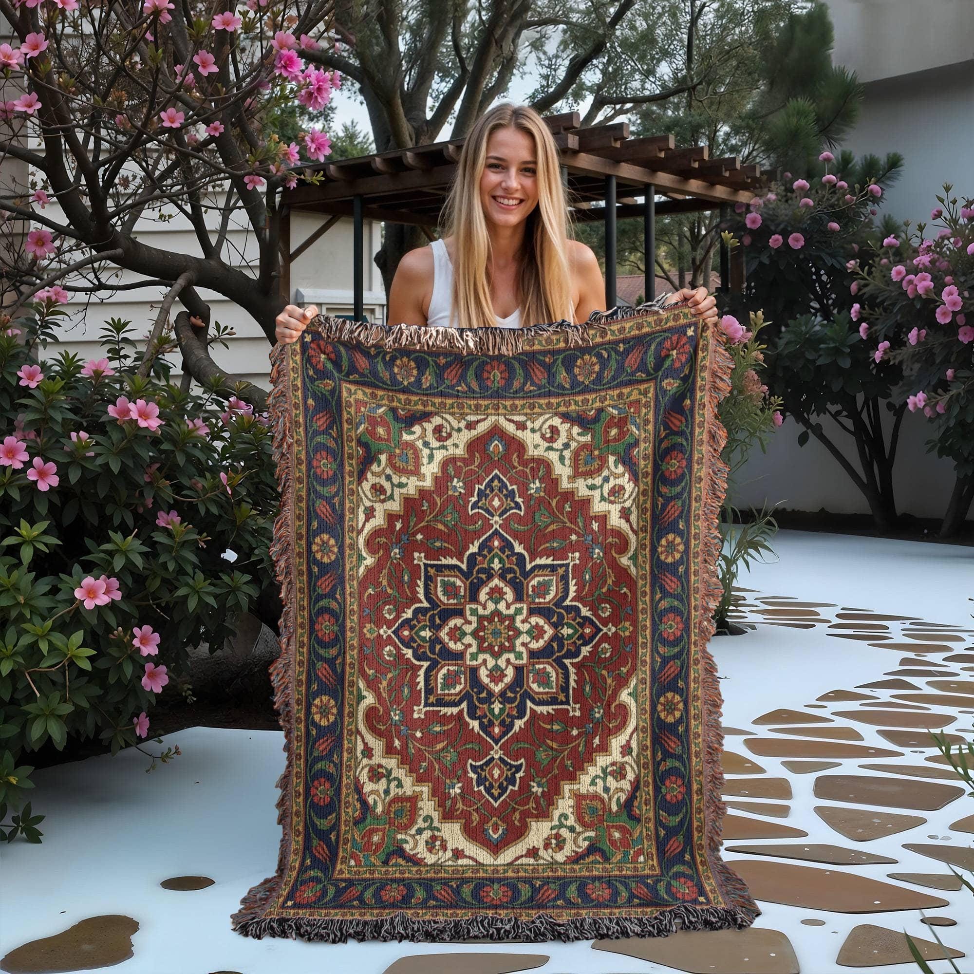 Turkish Persian Rug Pattern Woven Cotton Blanket - Image 2