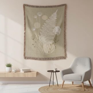 Minimalist Botanical Fern Wildflower Line Art Woven Cotton Blanket