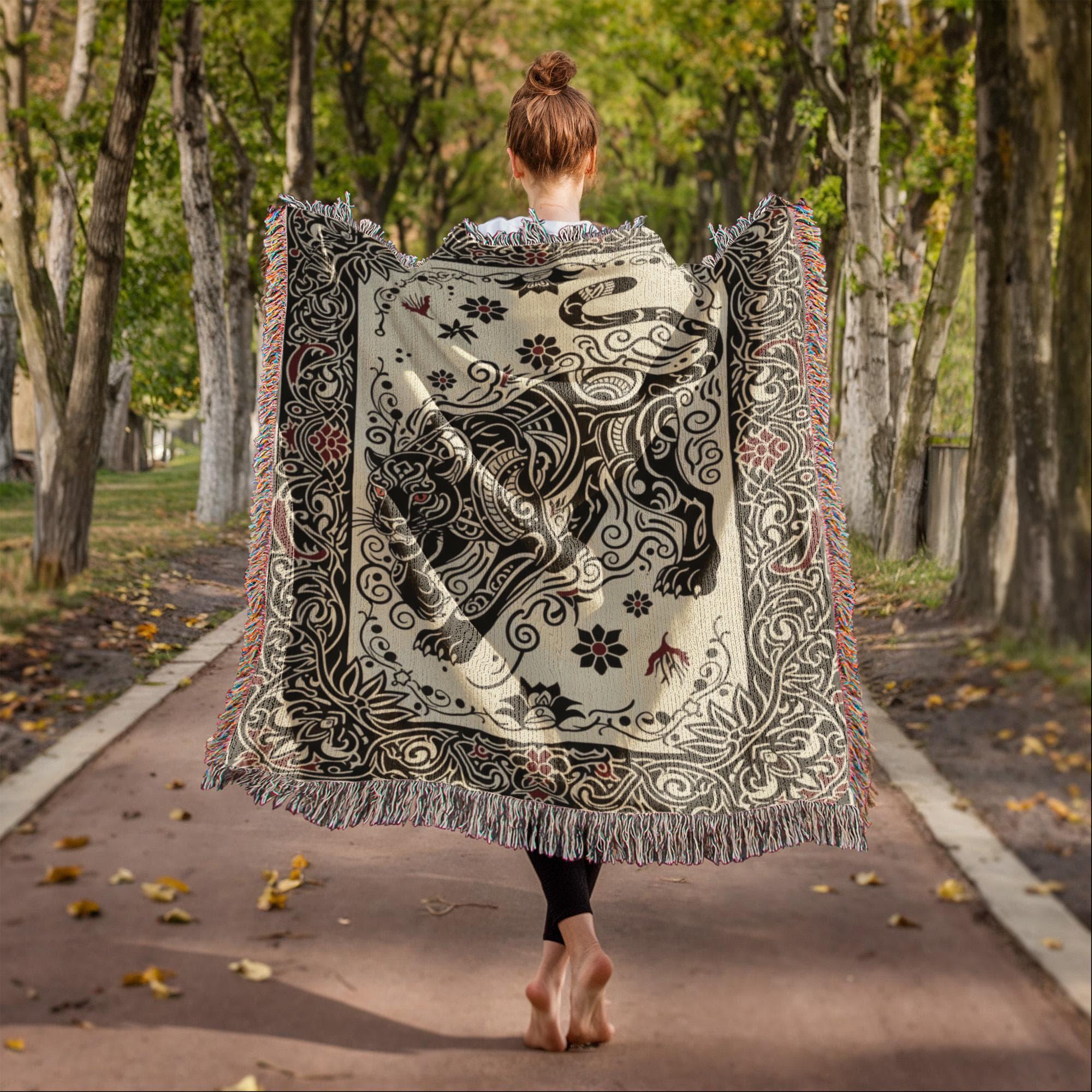 Black Panther Tattoo Tribal Folk Art Big Cat Woven Cotton Blanket - Image 4