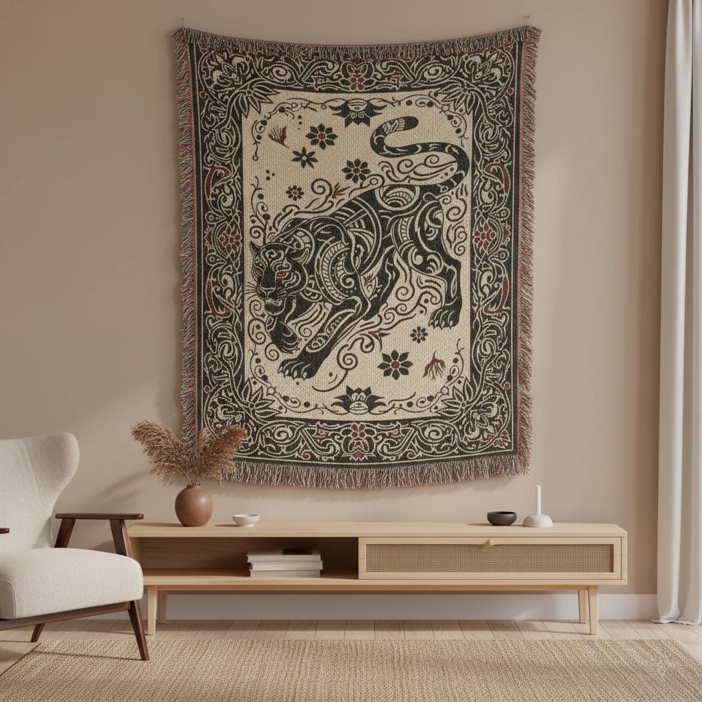 Black Panther Tattoo Tribal Folk Art Big Cat Woven Cotton Blanket