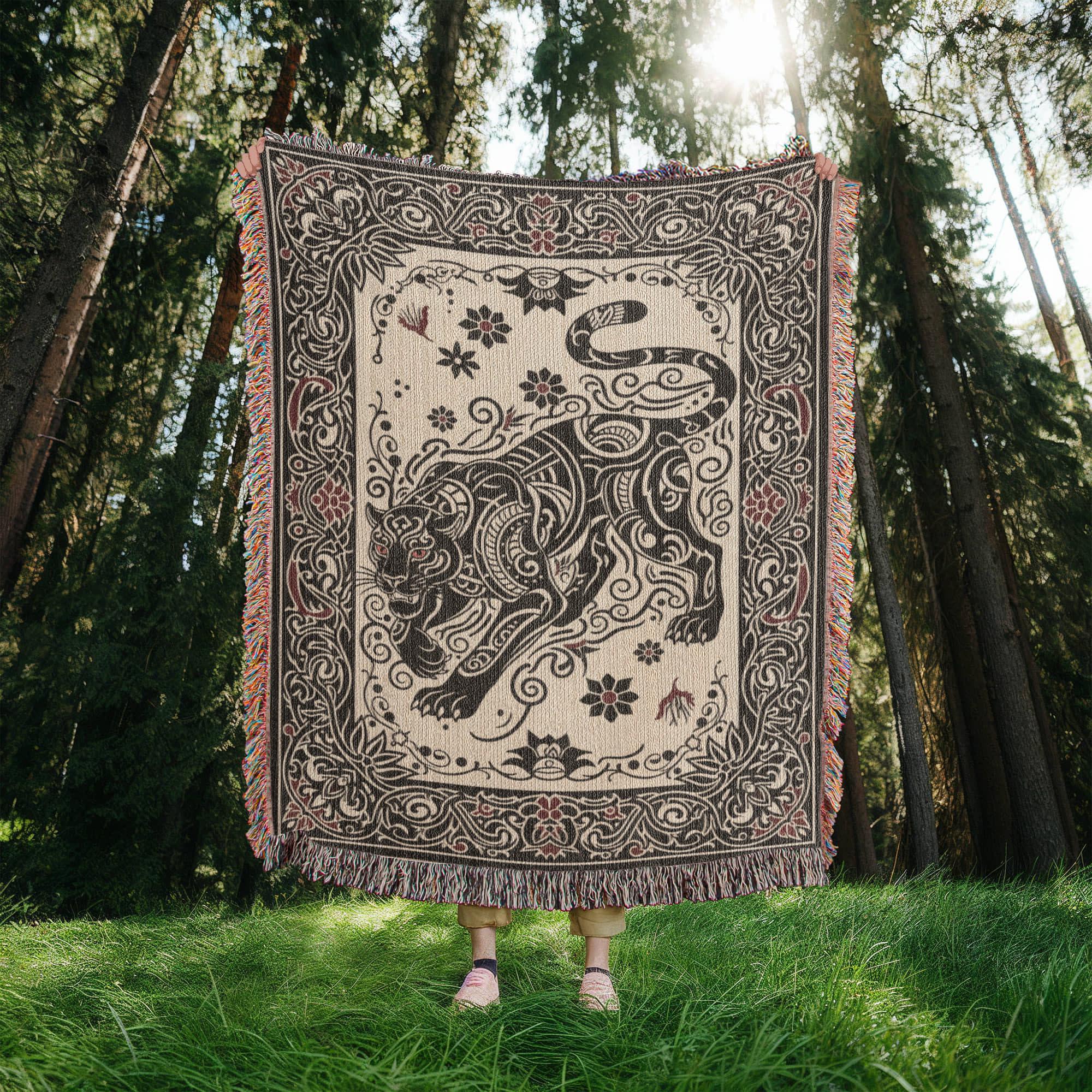 Black Panther Tattoo Tribal Folk Art Big Cat Woven Cotton Blanket - Image 6