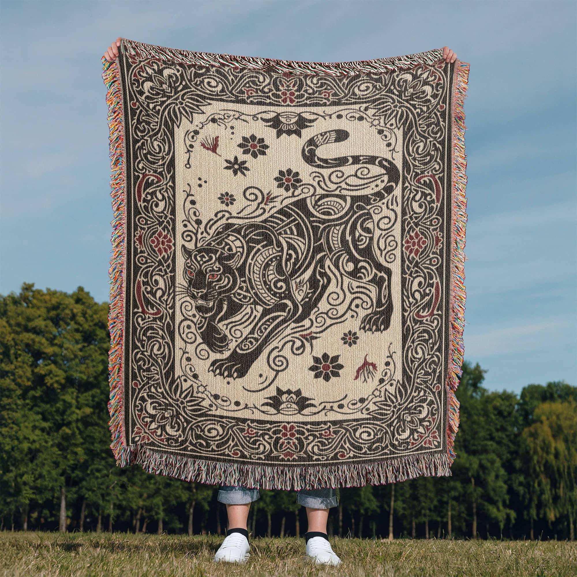 Black Panther Tattoo Tribal Folk Art Big Cat Woven Cotton Blanket - Image 7