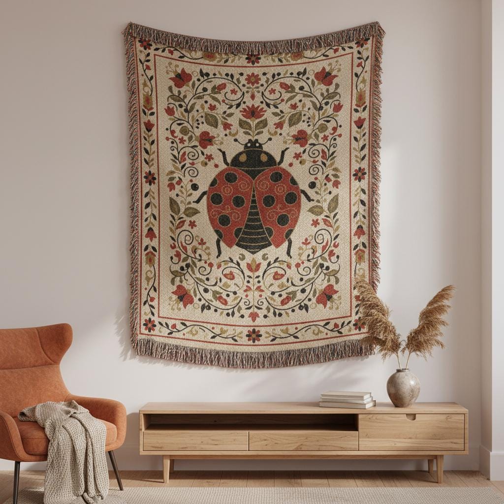 Vintage Ladybug Woven Cotton Blanket