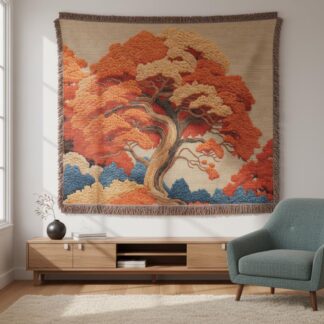 Autumn Tree Japanese Maple Zen Woven Cotton Blanket