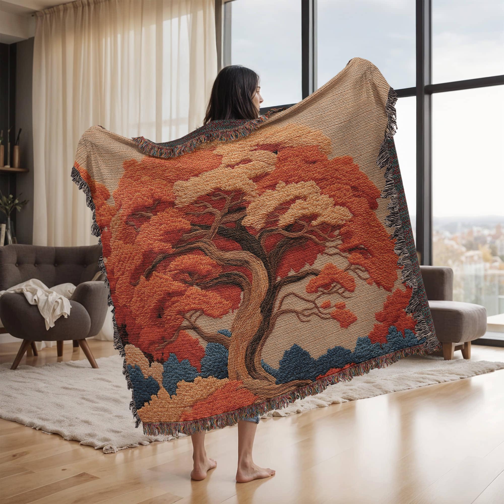 Autumn Tree Japanese Maple Zen Woven Cotton Blanket - Image 3