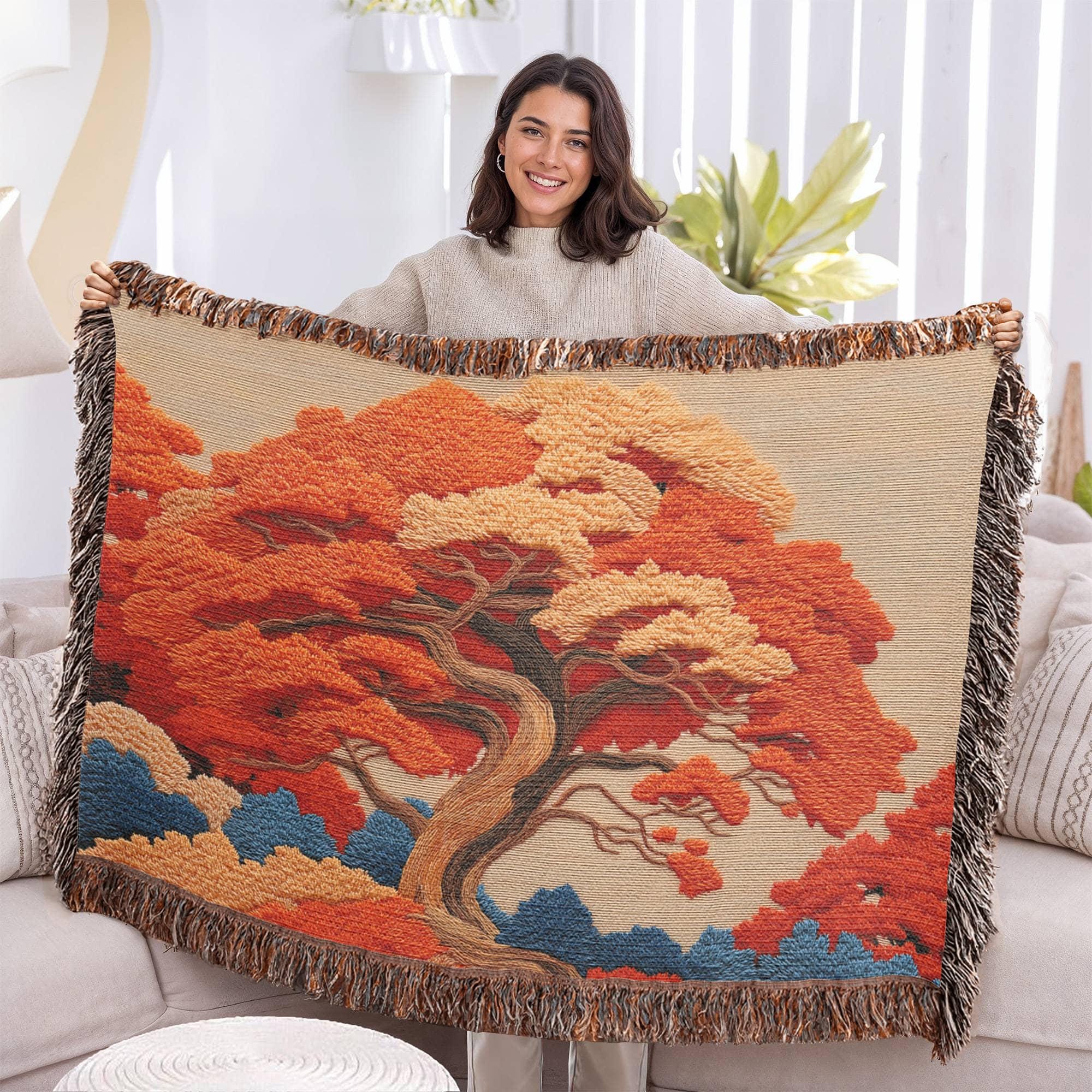 Autumn Tree Japanese Maple Zen Woven Cotton Blanket - Image 9