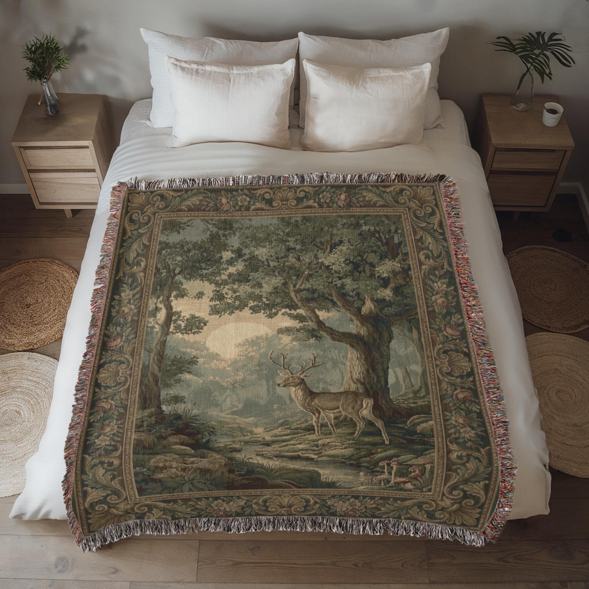 French Vintage Forest Deer Woven Cotton Blanket - Image 3