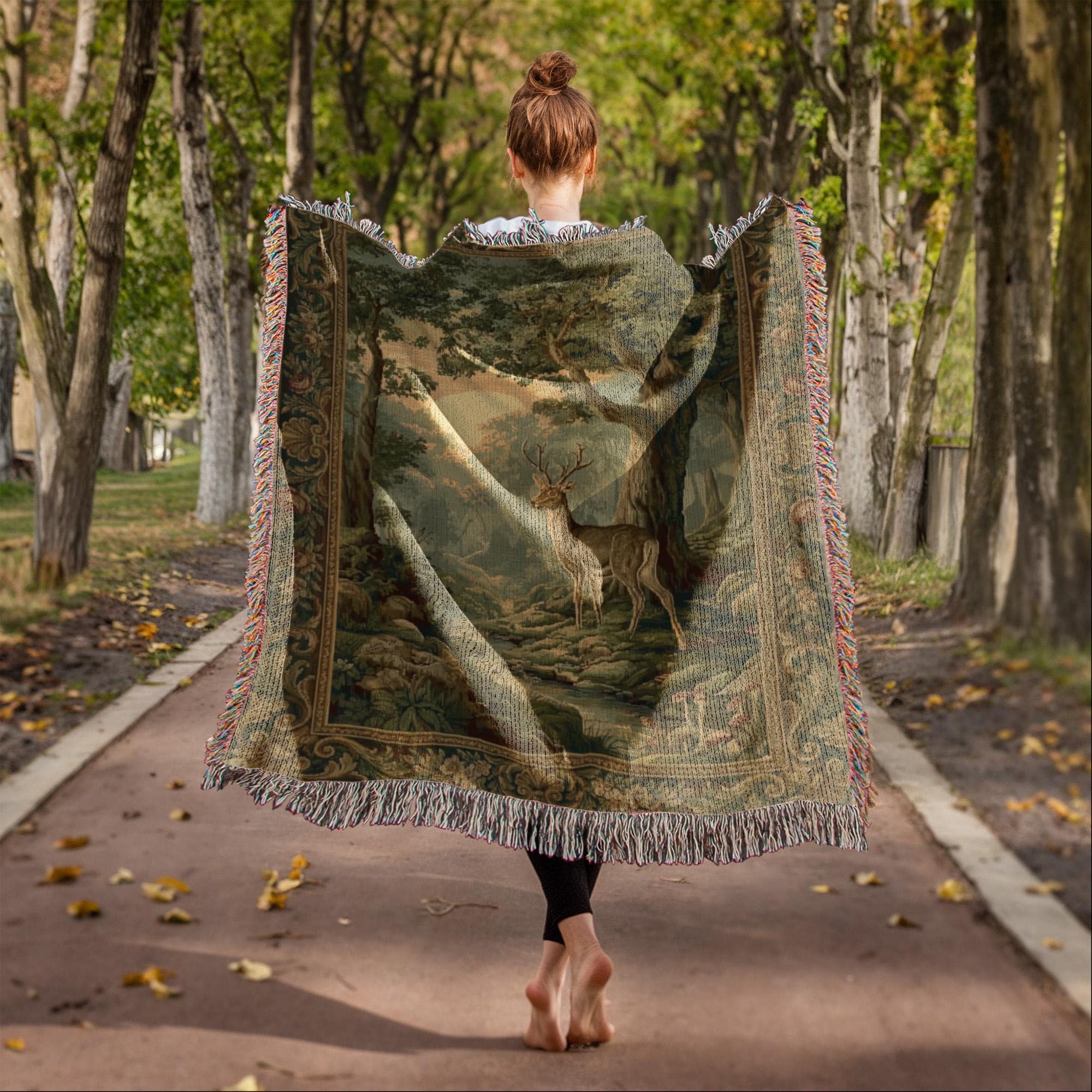 French Vintage Forest Deer Woven Cotton Blanket - Image 4