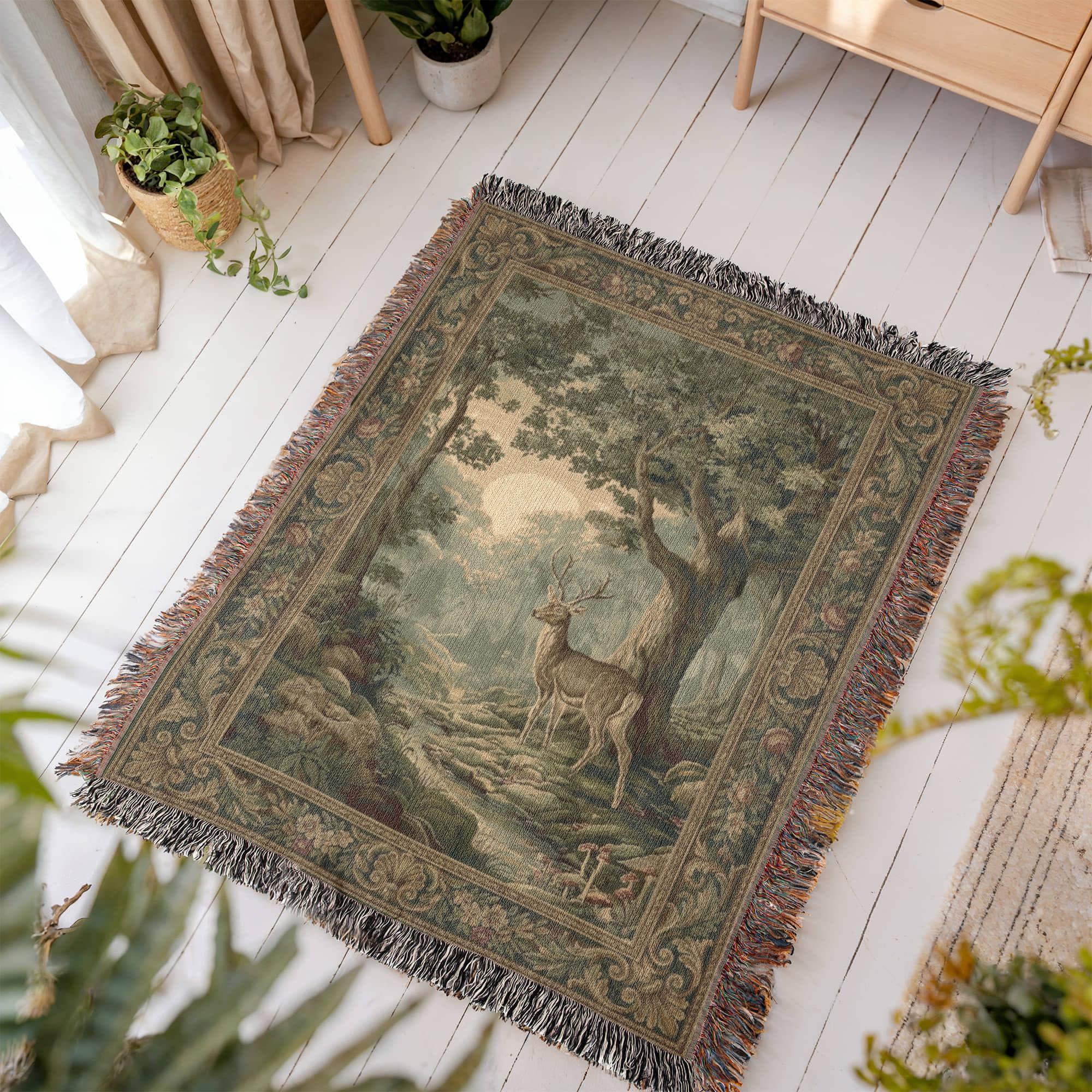 French Vintage Forest Deer Woven Cotton Blanket - Image 7