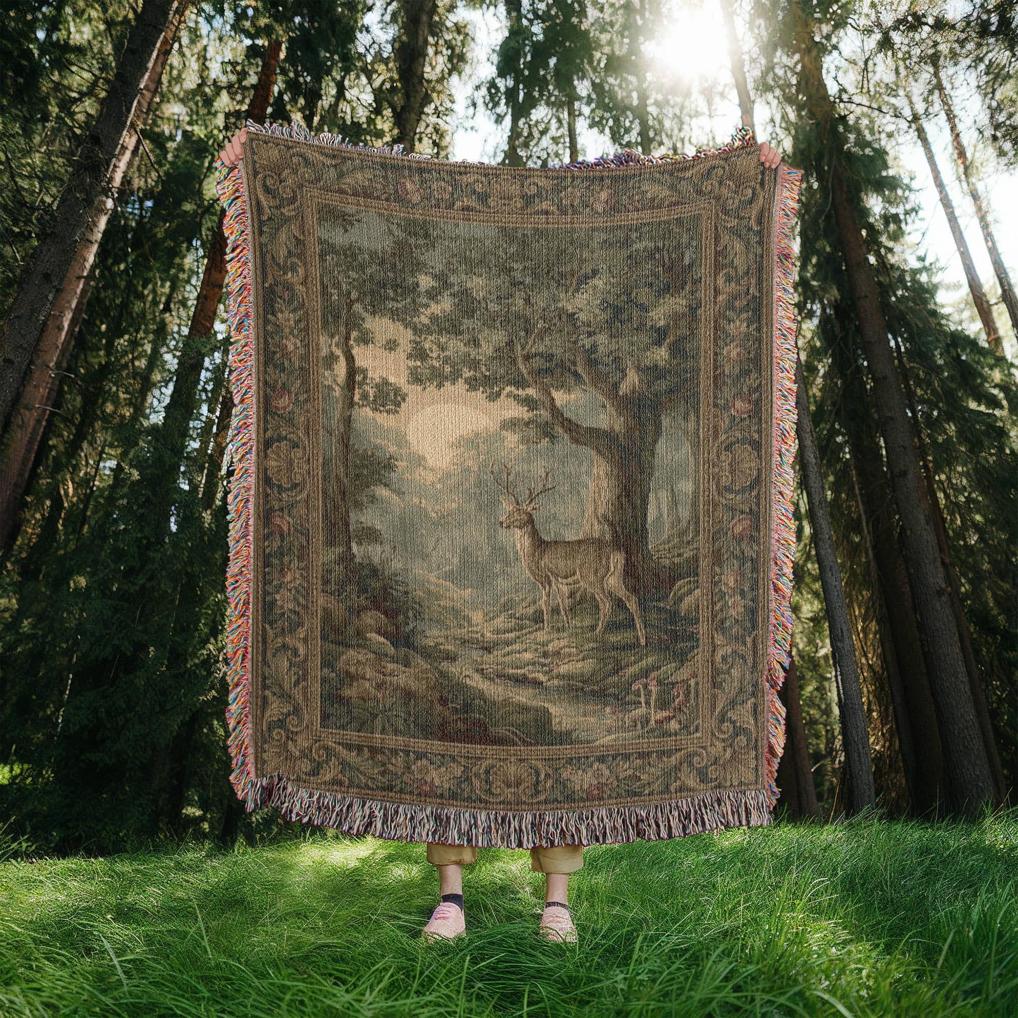 French Vintage Forest Deer Woven Cotton Blanket - Image 5