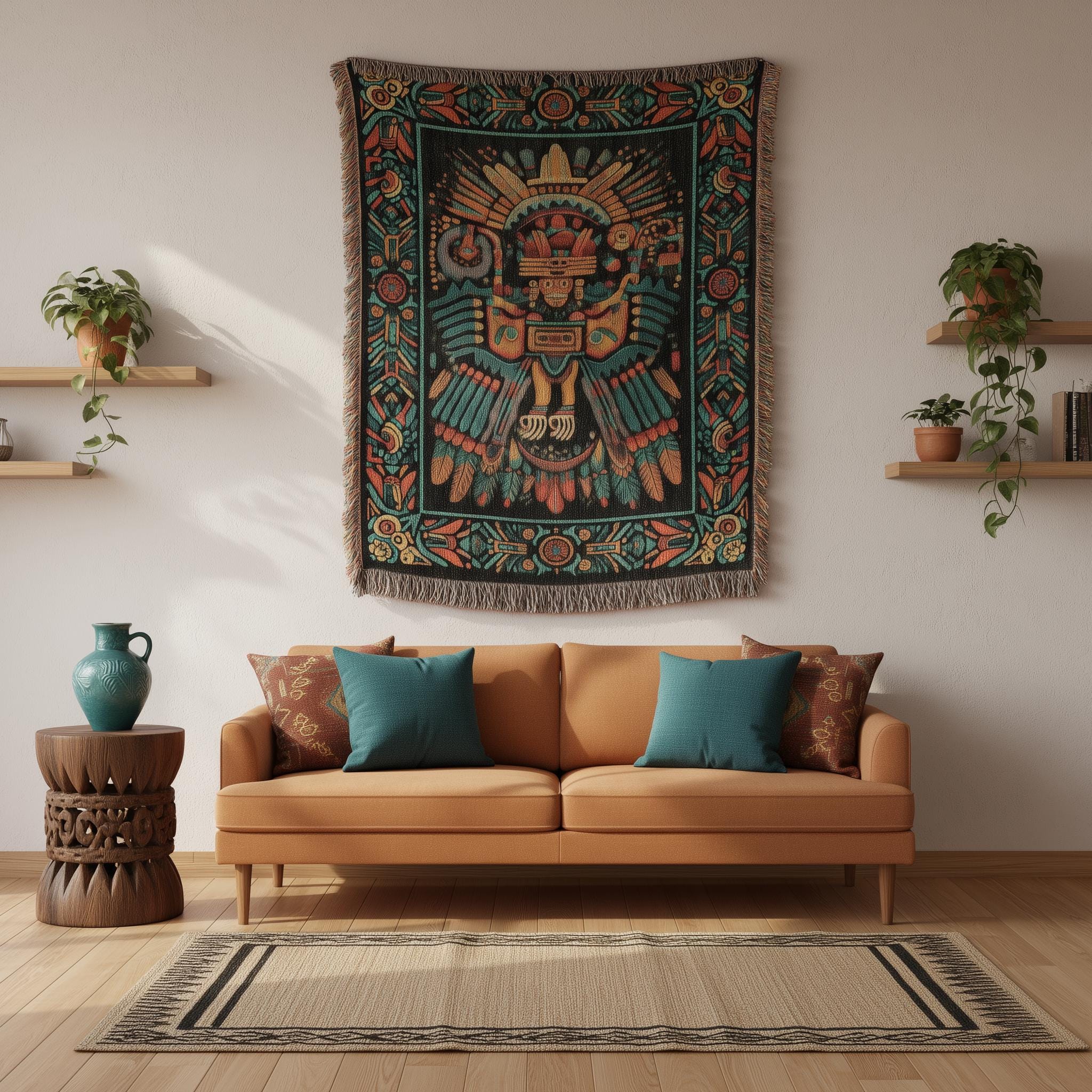 Peruvian Folk Art Paracas Flying Figure Woven Cotton Blanket