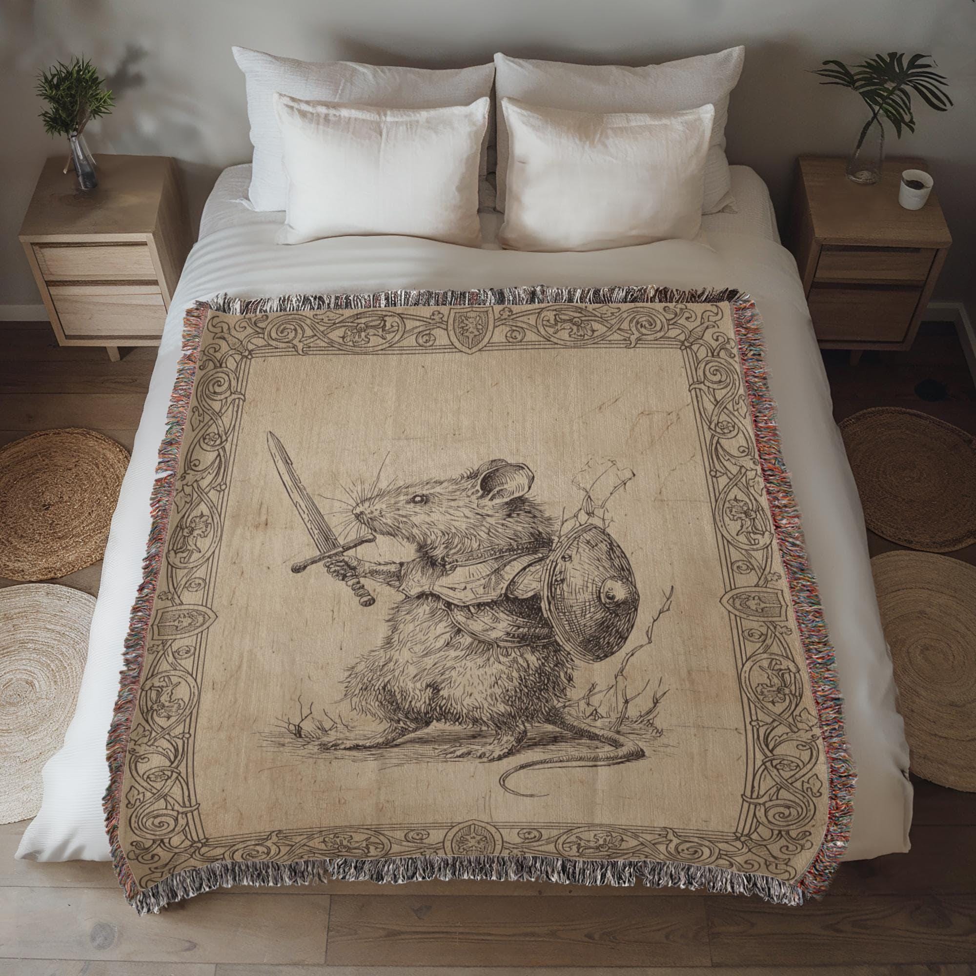 Mouse with sword and shield Woven Cotton Blanket - Image 2