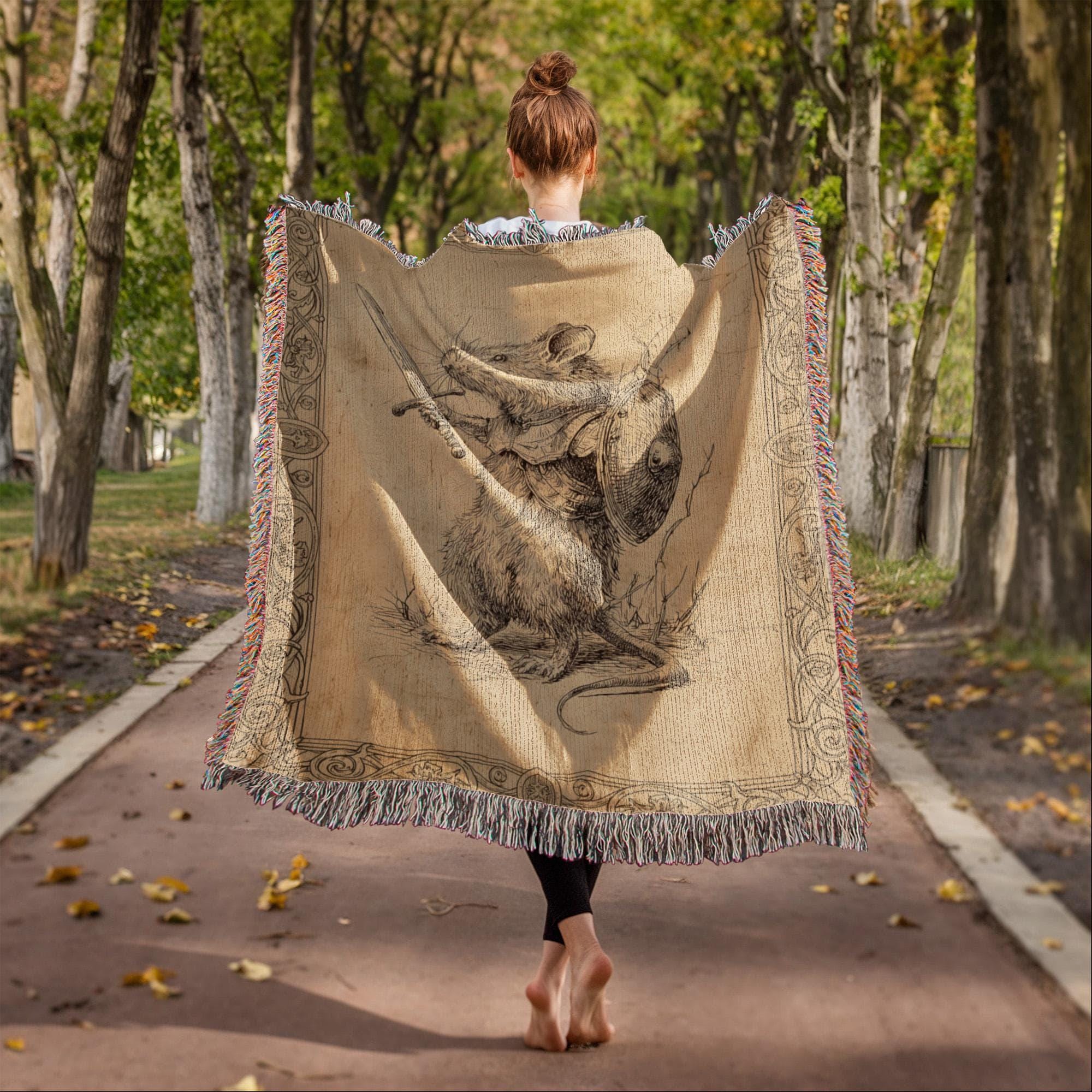 Mouse with sword and shield Woven Cotton Blanket - Image 3
