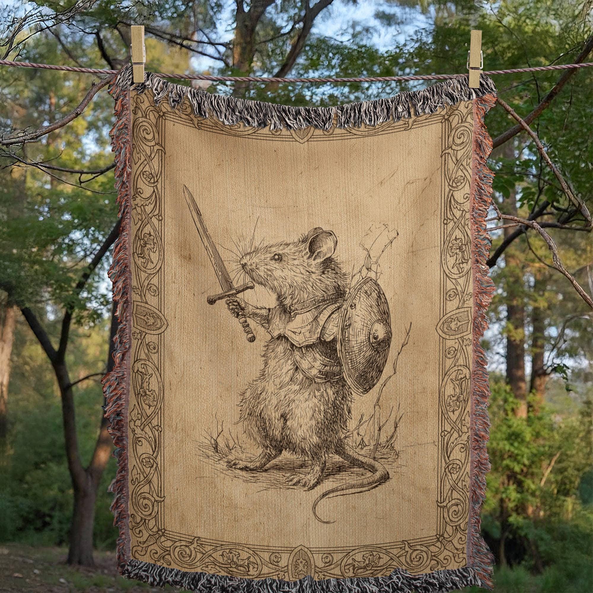 Mouse with sword and shield Woven Cotton Blanket - Image 4